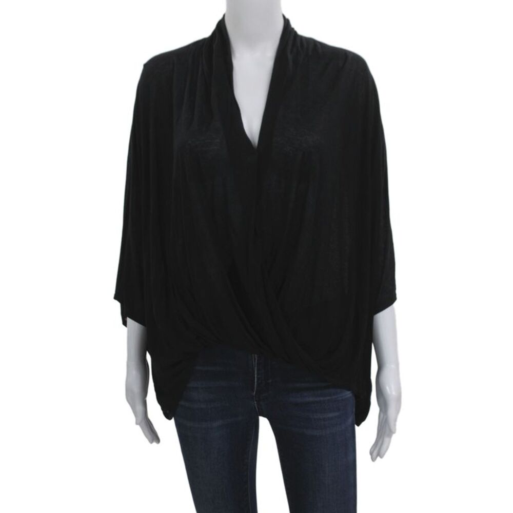 Helmut Lang Women Kimono Blouse Black Tencel Short Sleeve Size S
